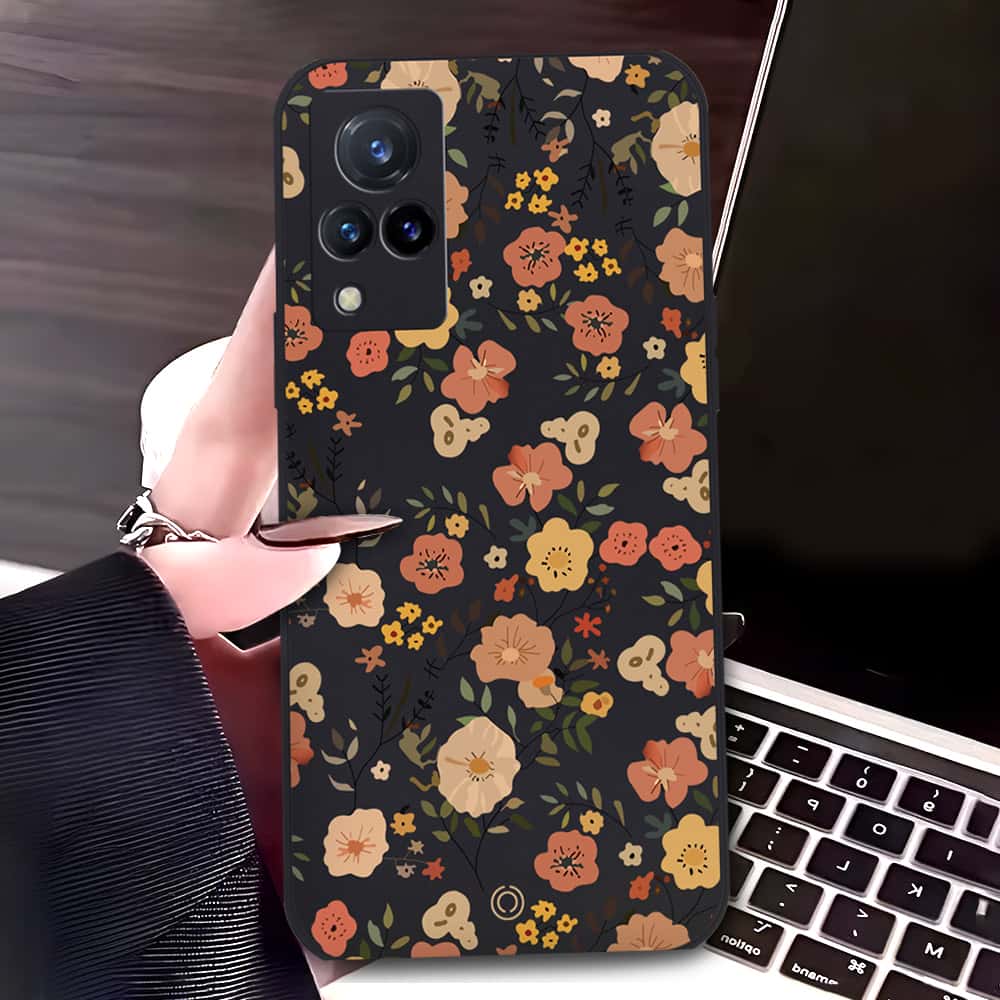 Vivo V21s Cover - Black - D3 - ONation Floral Series - HQ Liquid Silicone Soft Case