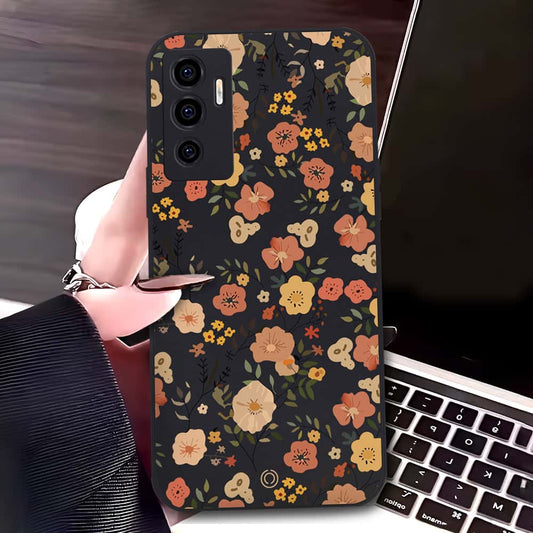 Vivo V23e Cover - Black - D3 - ONation Floral Series - HQ Liquid Silicone Soft Case