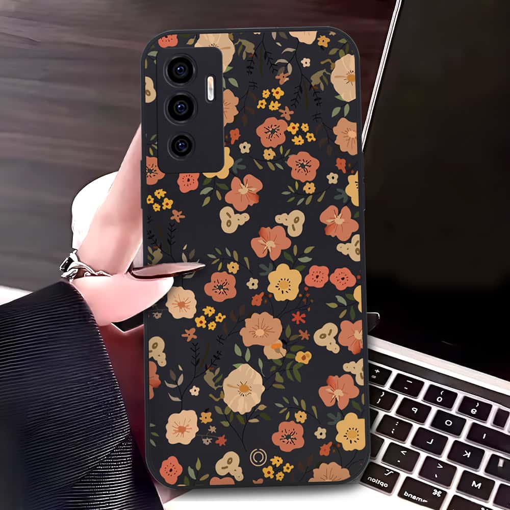 Vivo V23e 5G Cover - Black - D3 - ONation Floral Series - HQ Liquid Silicone Soft Case