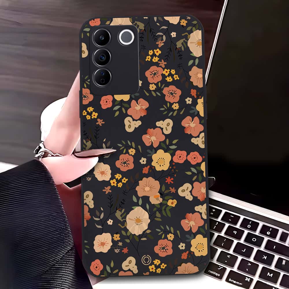 Vivo V27e Cover - Black - D3 - ONation Floral Series - HQ Liquid Silicone Soft Case