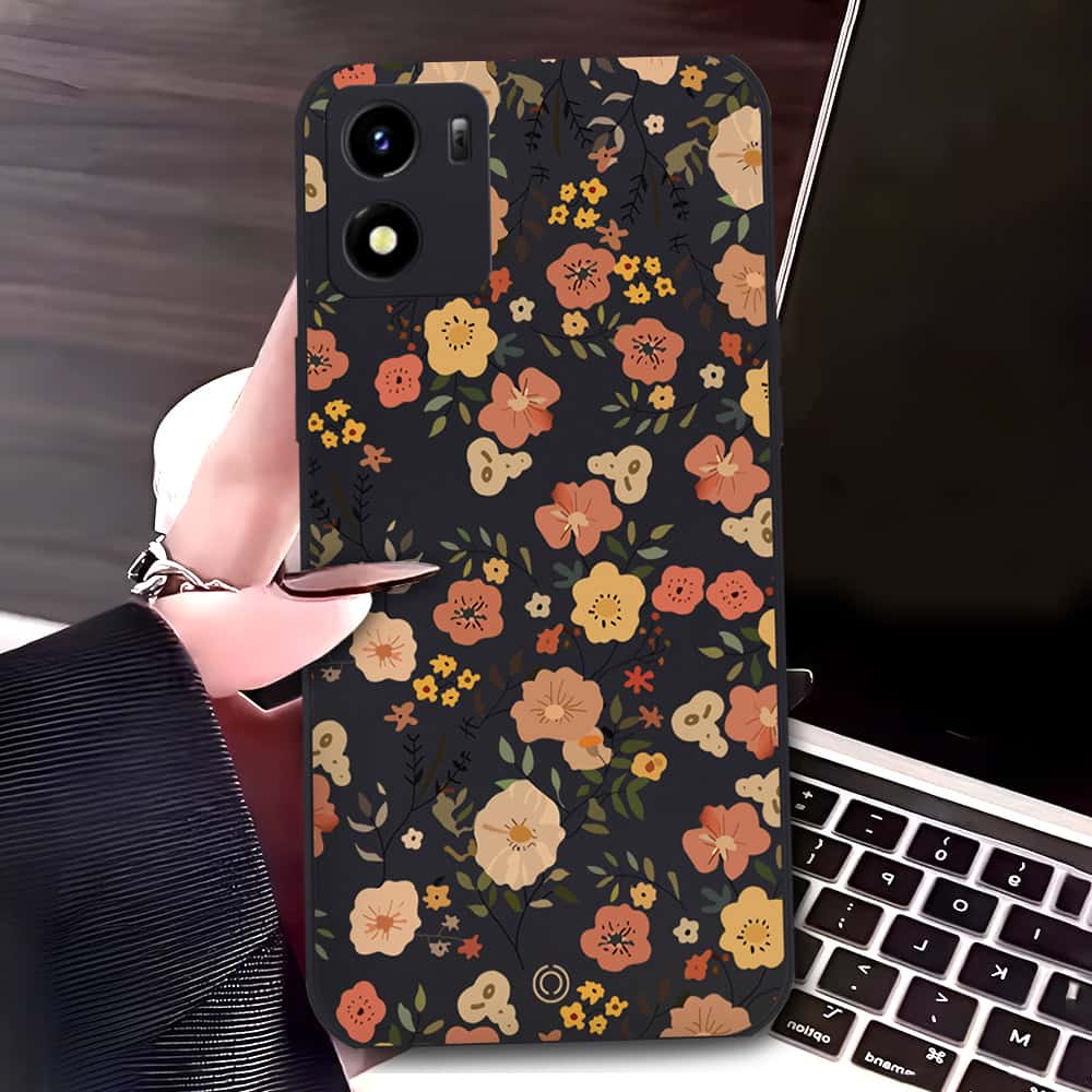 Vivo Y01 Cover - Black - D3 - ONation Floral Series - HQ Liquid Silicone Soft Case