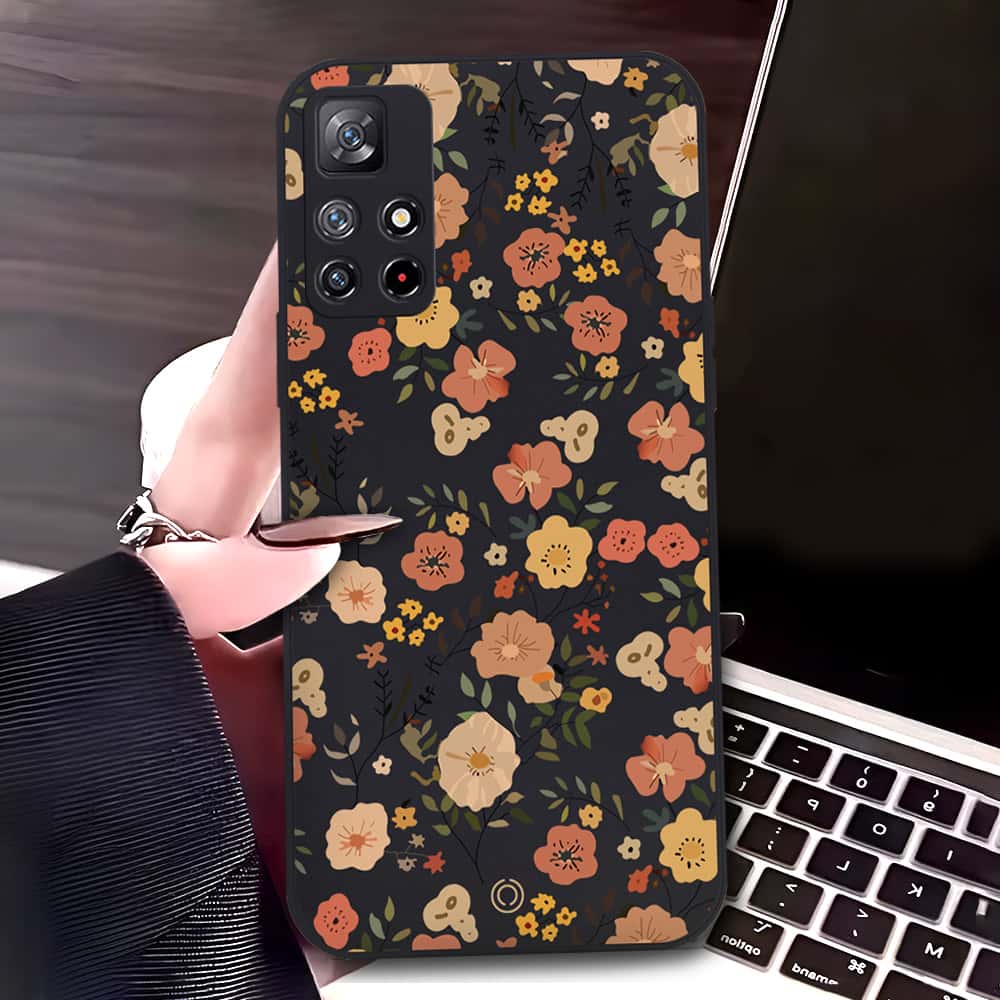 Xiaomi Redmi Note 11 5G Cover - Black - D3 - ONation Floral Series - HQ Liquid Silicone Soft Case