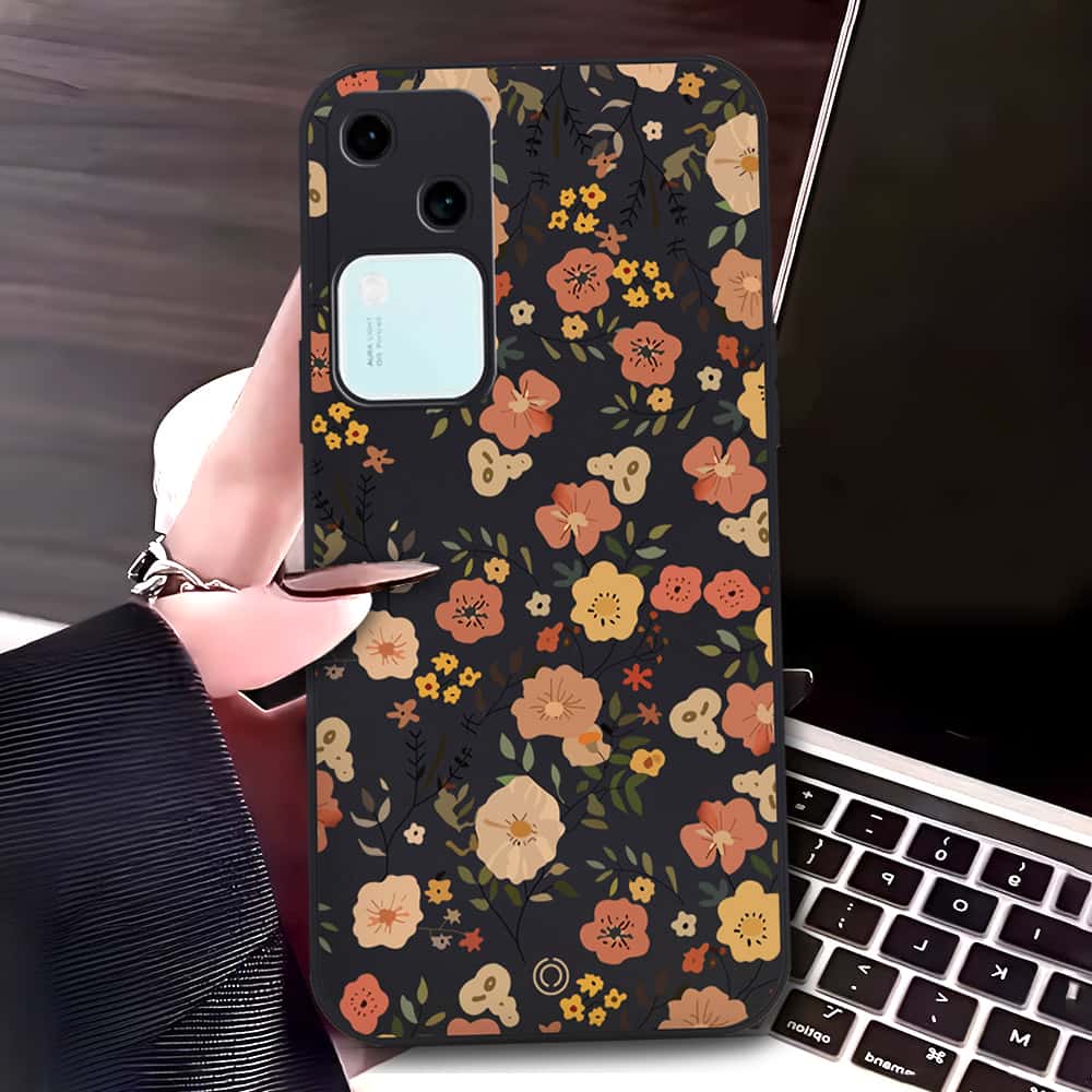 Vivo V30 Cover - Black - D3 - ONation Floral Series - HQ Liquid Silicone Soft Case