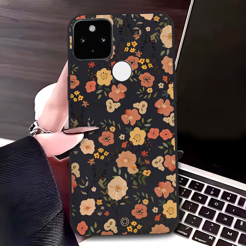 Google Pixel 5a 5G Cover - Black - D3 - ONation Floral Series - HQ Liquid Silicone Soft Case