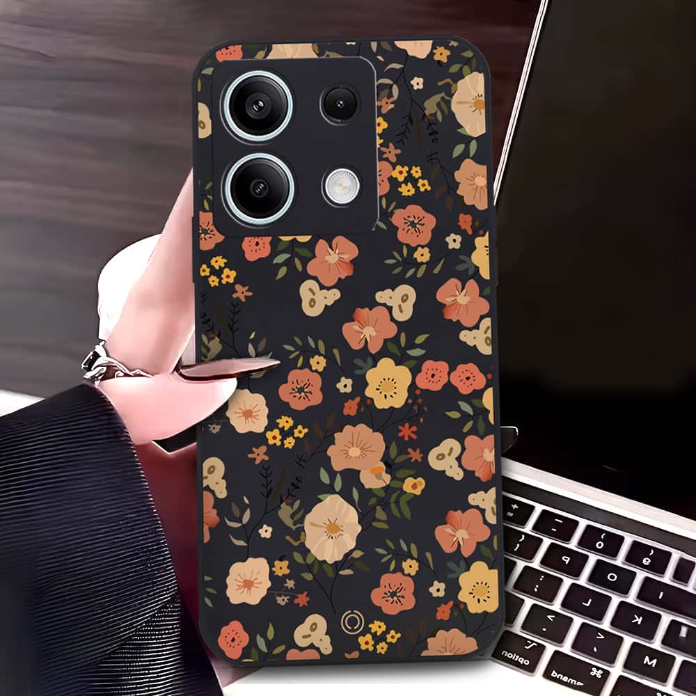 Xiaomi Redmi Note 13 Cover - Black - D3 - ONation Floral Series - HQ Liquid Silicone Soft Case