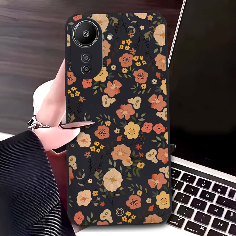 Xiaomi Redmi 13C Cover - Black - D3 - ONation Floral Series - HQ Liquid Silicone Soft Case