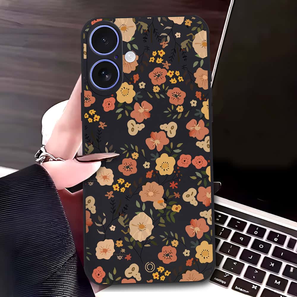 iPhone 16 Cover - Black - D3 - ONation Floral Series - HQ Liquid Silicone Soft Case