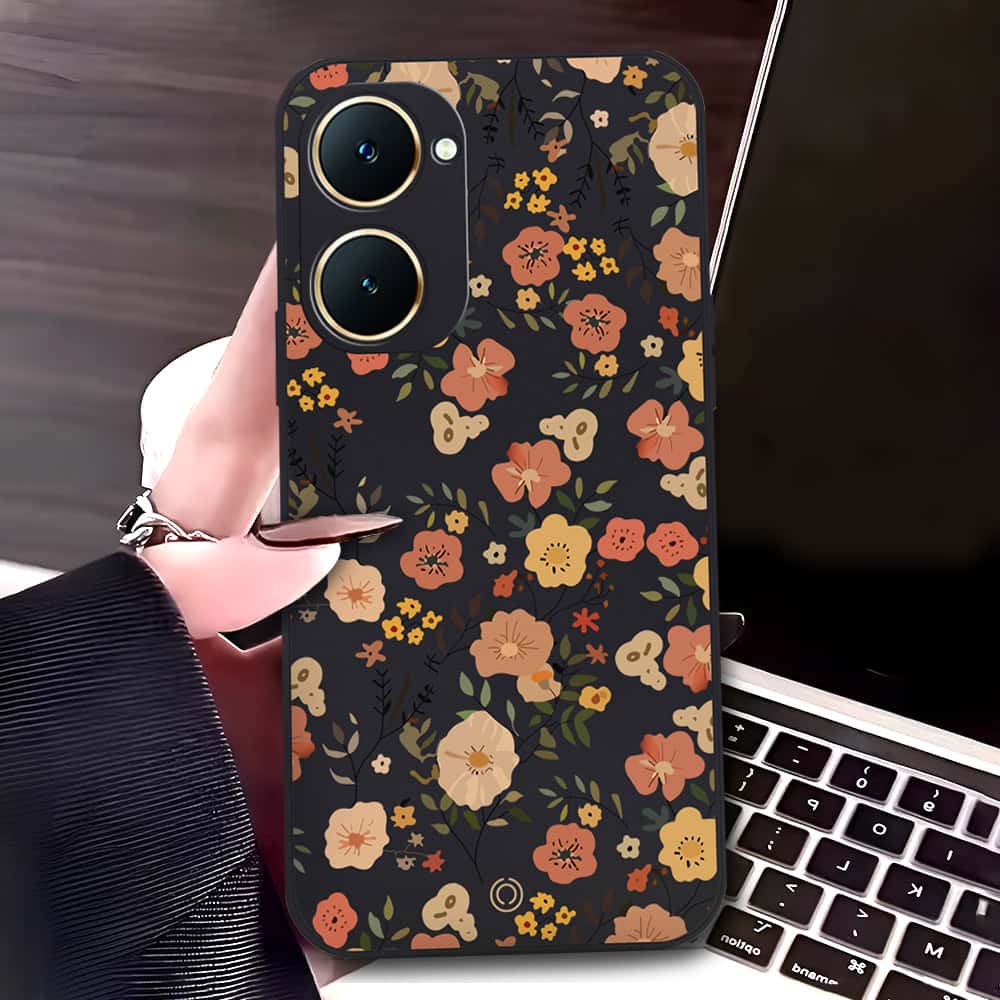Vivo Y03 Cover - Black - D3 - ONation Floral Series - HQ Liquid Silicone Soft Case