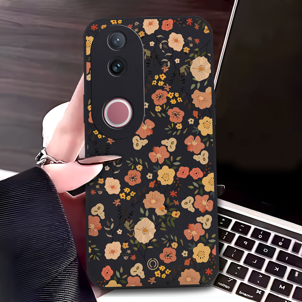 Vivo V50 Cover - Black - D3 - ONation Floral Series - HQ Liquid Silicone Soft Case