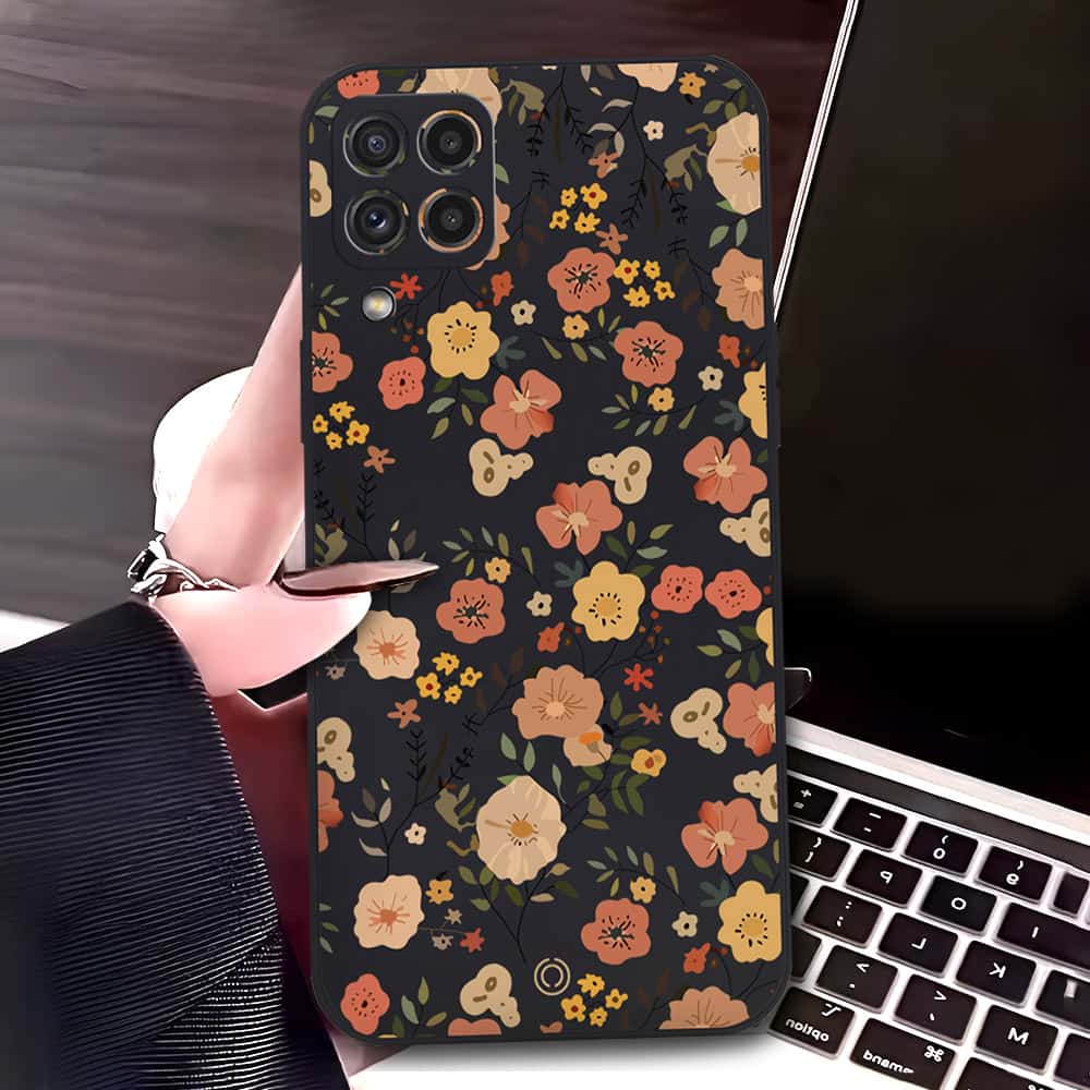 Samsung Galaxy M22 Cover - Black - D3 - ONation Floral Series - HQ Liquid Silicone Soft Case