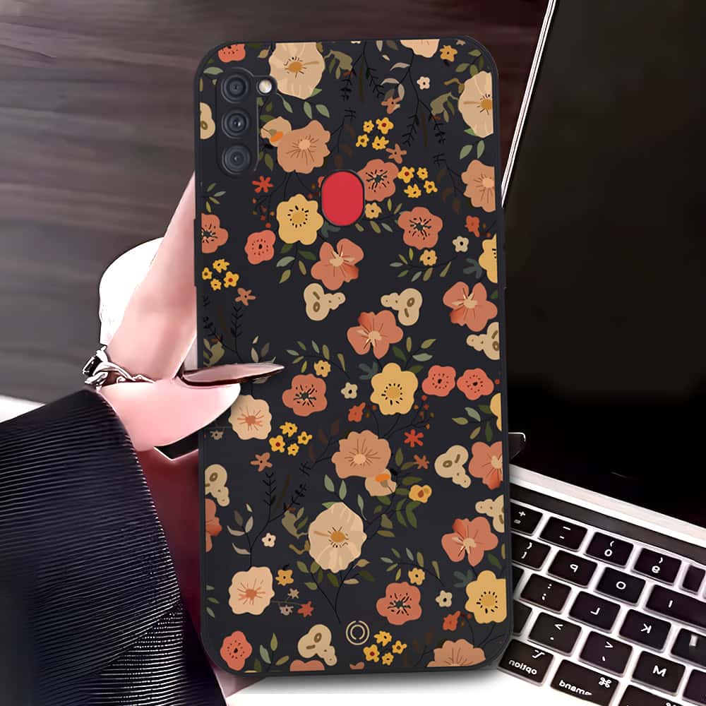 Samsung Galaxy M11 Cover - Black - D3 - ONation Floral Series - HQ Liquid Silicone Soft Case