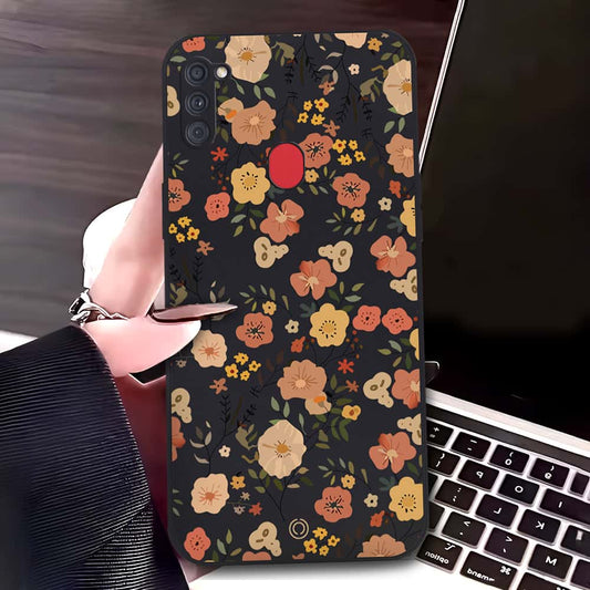 Samsung Galaxy M11 Cover - Black - D3 - ONation Floral Series - HQ Liquid Silicone Soft Case