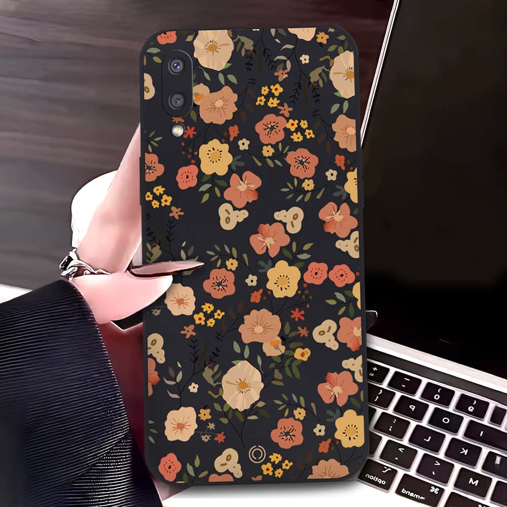 Samsung Galaxy M02 Cover - Black - D3 - ONation Floral Series - HQ Liquid Silicone Soft Case