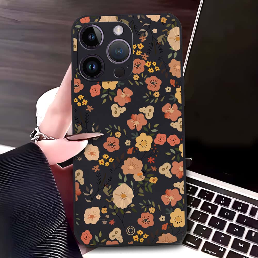 iPhone 14 Pro Cover - Black - D3 - ONation Floral Series - HQ Liquid Silicone Soft Case