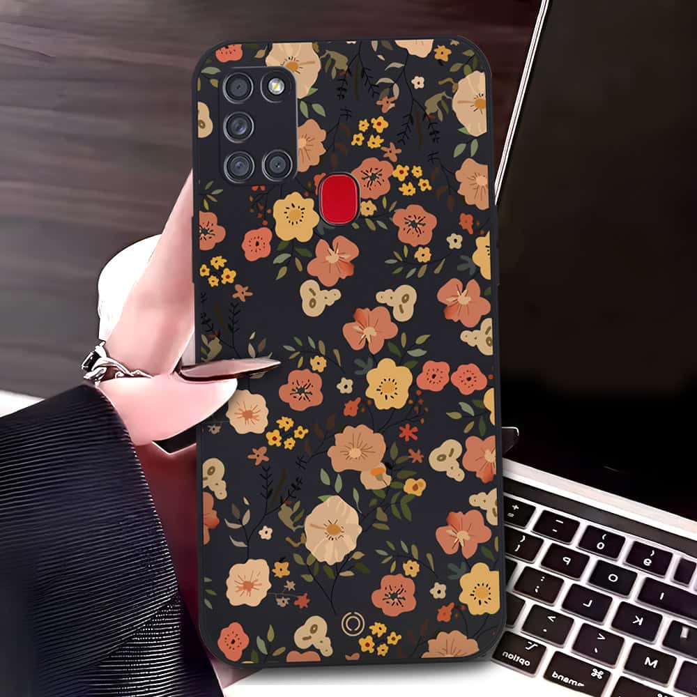 Samsung Galaxy A21s Cover - Black - D3 - ONation Floral Series - HQ Liquid Silicone Soft Case