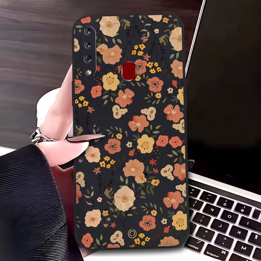 Samsung Galaxy A20s Cover - Black - D3 - ONation Floral Series - HQ Liquid Silicone Soft Case