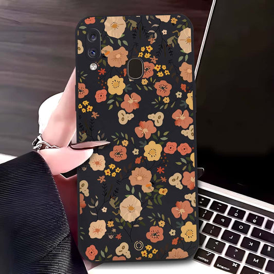 Samsung Galaxy A20 Cover - Black - D3 - ONation Floral Series - HQ Liquid Silicone Soft Case