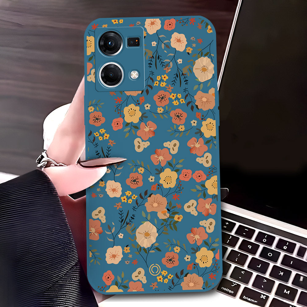 Oppo Reno 7 4G Cover - Blue - D3 - ONation Floral Series - HQ Liquid Silicone Soft Case