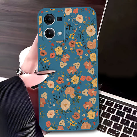 Oppo Reno 7 4G Cover - Blue - D3 - ONation Floral Series - HQ Liquid Silicone Soft Case