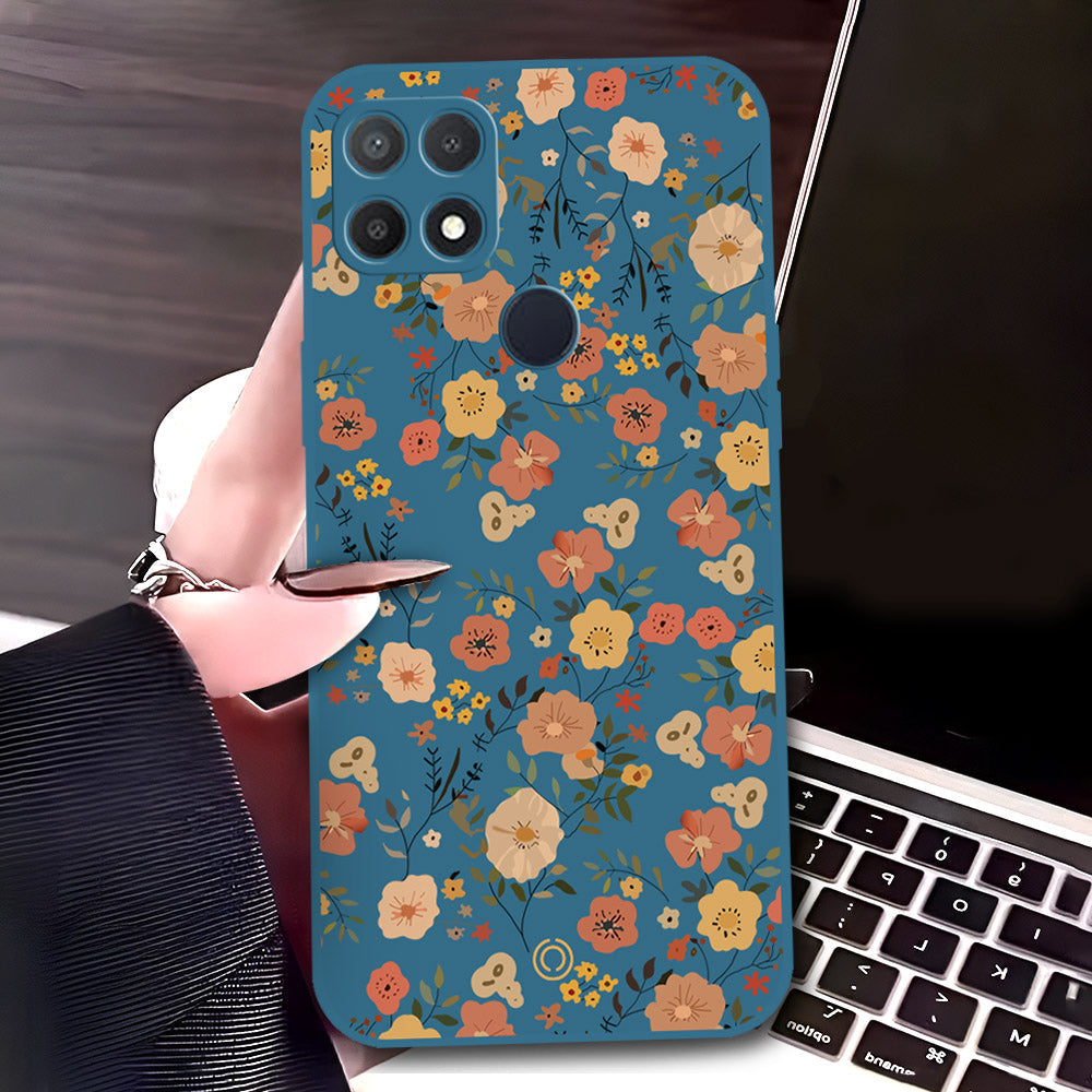 Oppo A15 Cover - Blue - D3 - ONation Floral Series - HQ Liquid Silicone Soft Case