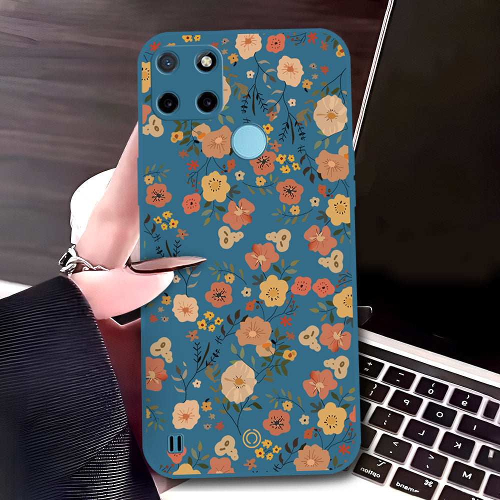 Realme C21Y Cover - Blue - D3 - ONation Floral Series - HQ Liquid Silicone Soft Case