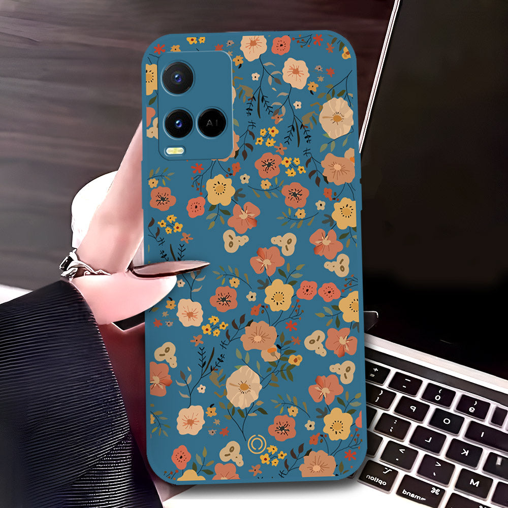 Vivo Y33s Cover - Blue - D3 - ONation Floral Series - HQ Liquid Silicone Soft Case