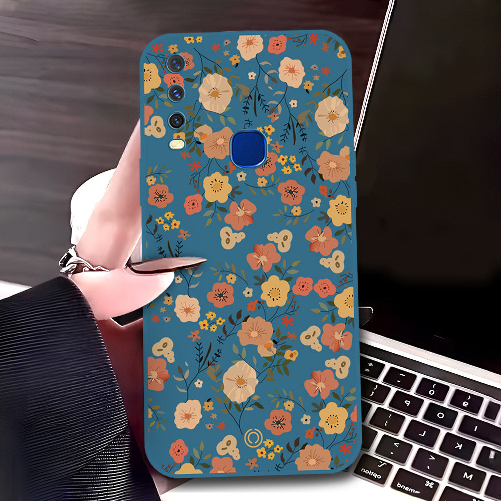 Vivo Y12a Cover - Blue - D3 - ONation Floral Series - HQ Liquid Silicone Soft Case