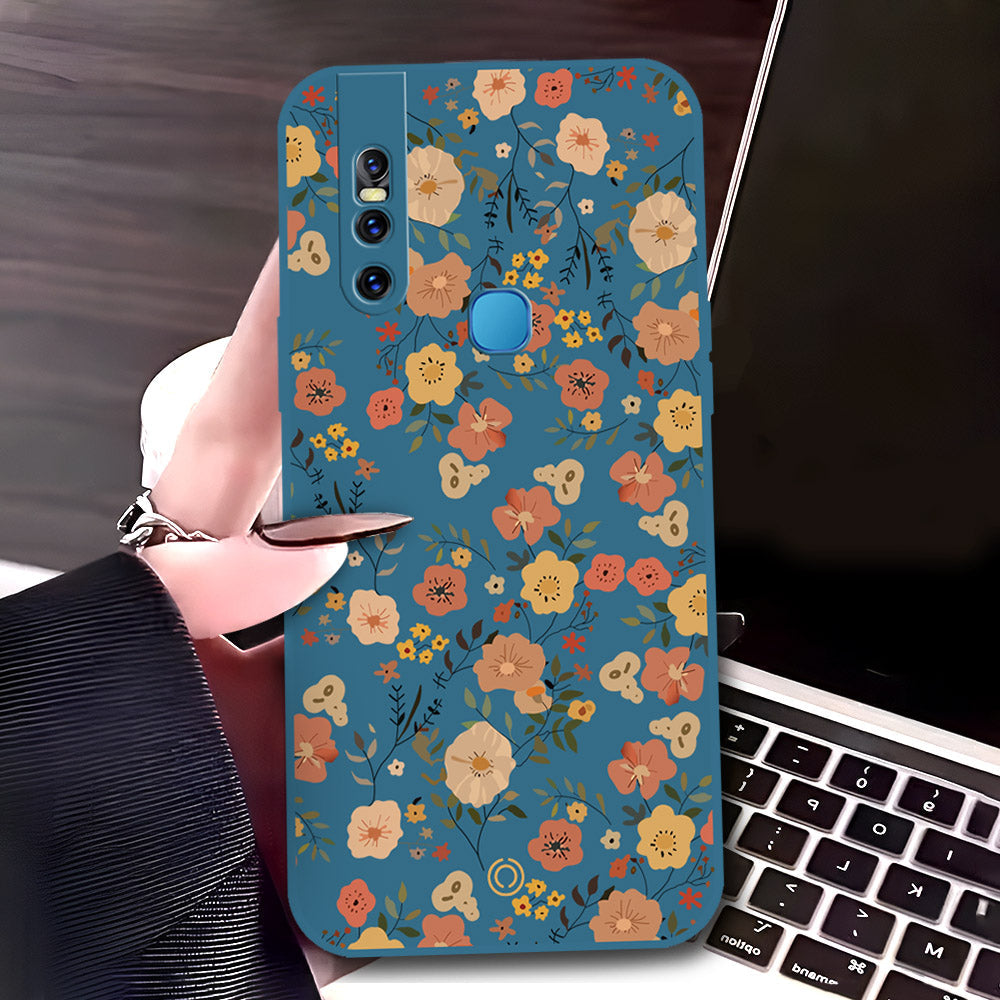 Vivo V15 Cover - Blue - D3 - ONation Floral Series - HQ Liquid Silicone Soft Case