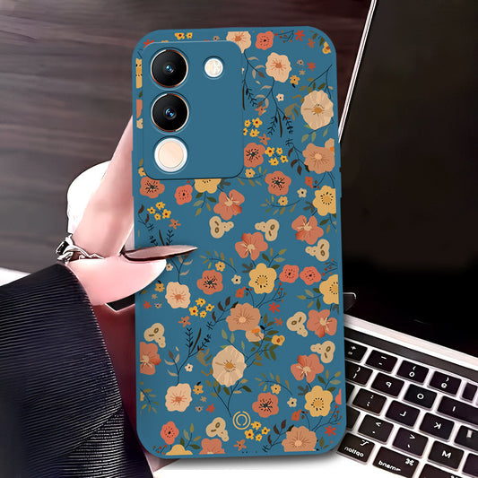 Vivo V29e Cover - Blue - D3 - ONation Floral Series - HQ Liquid Silicone Soft Case