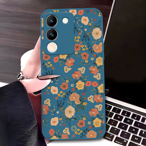Vivo V29e Cover - Blue - D3 - ONation Floral Series - HQ Liquid Silicone Soft Case