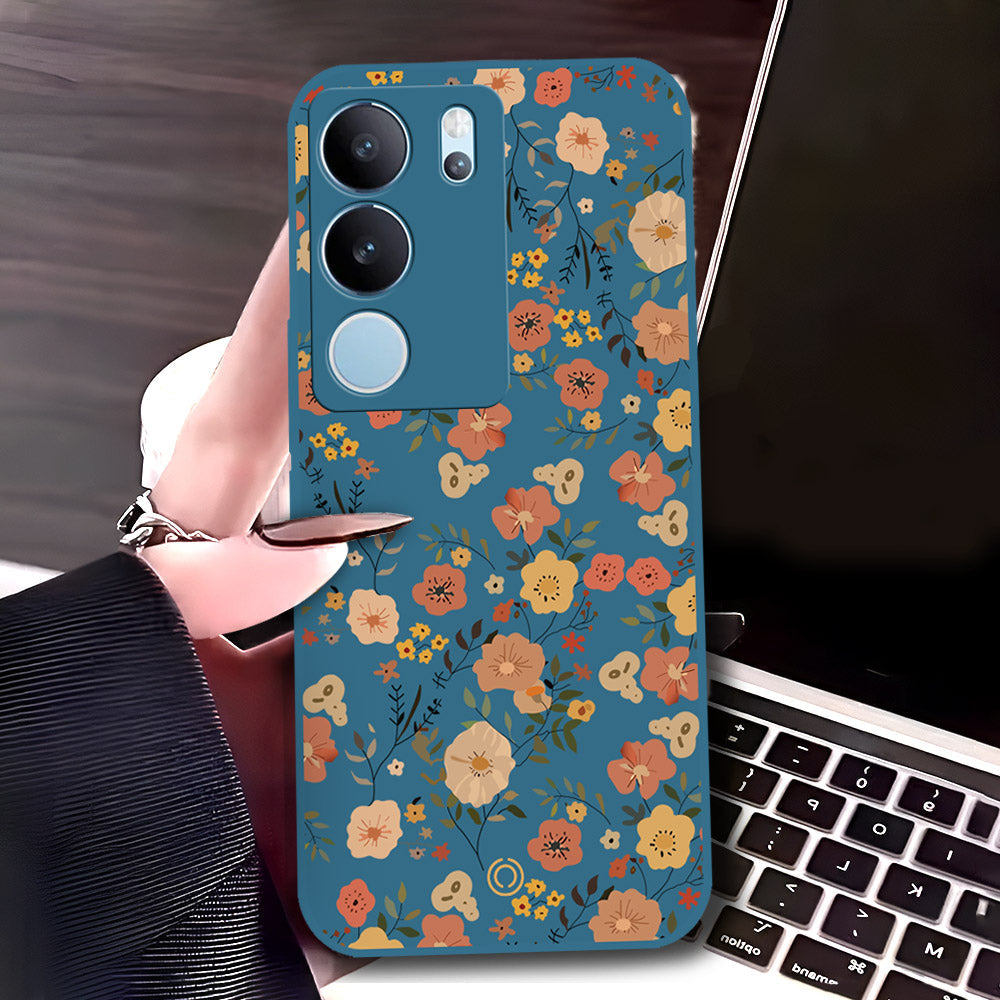 Vivo V29 Pro Cover - Blue - D3 - ONation Floral Series - HQ Liquid Silicone Soft Case
