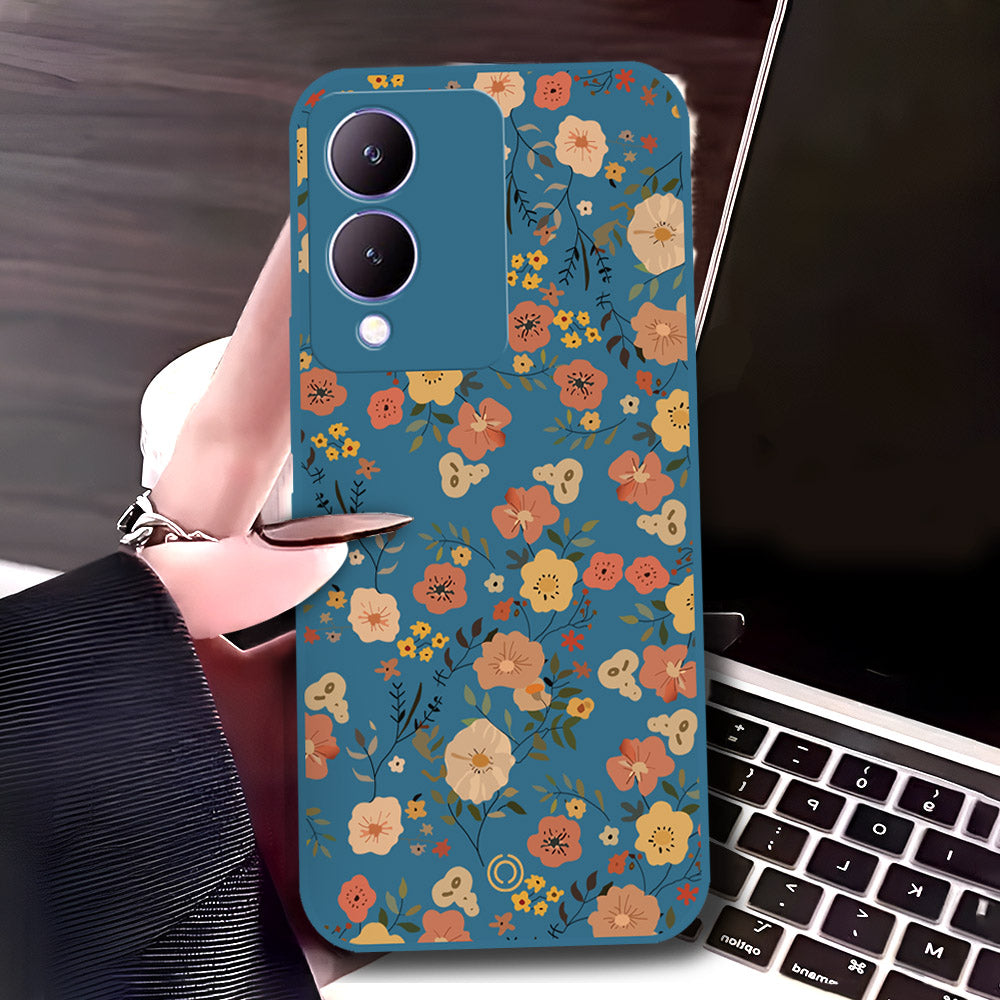 Vivo Y17s Cover - Blue - D3 - ONation Floral Series - HQ Liquid Silicone Soft Case