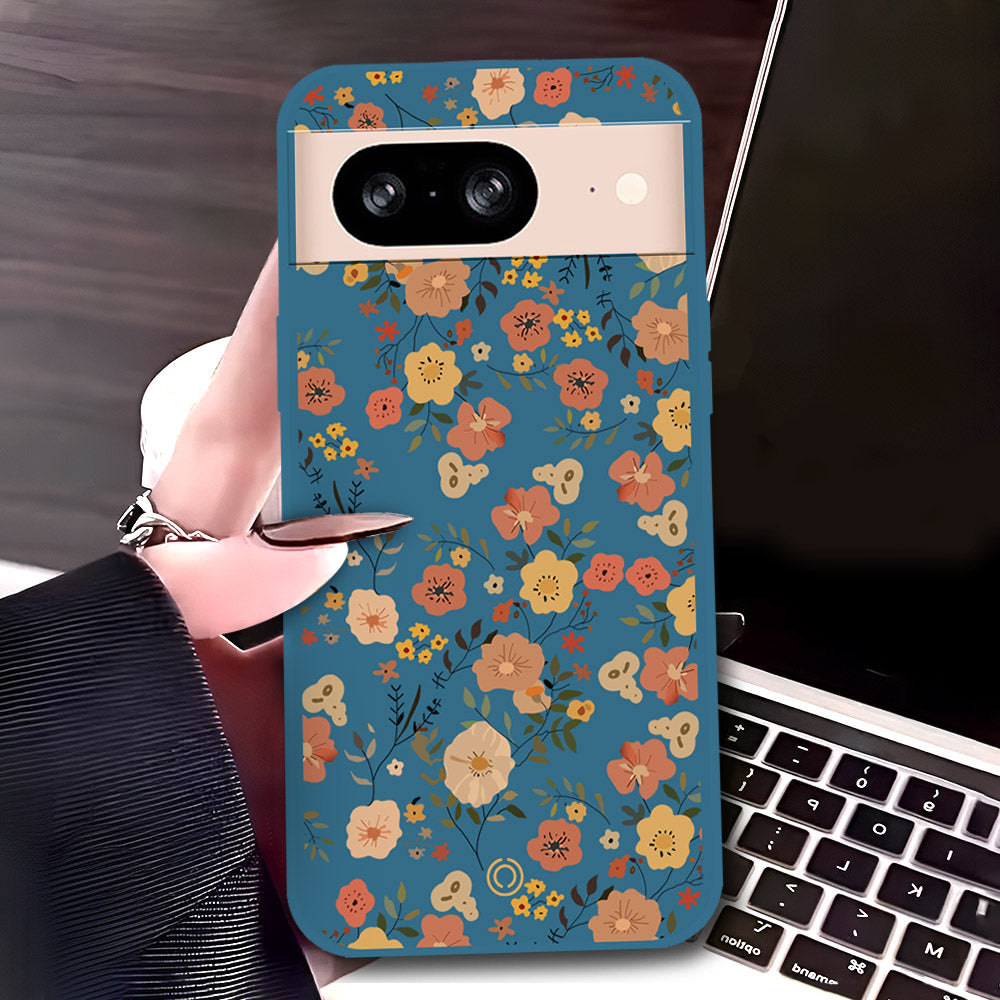 Google Pixel 8 Cover - Blue - D3 - ONation Floral Series - HQ Liquid Silicone Soft Case