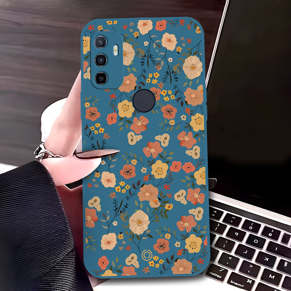 Oppo A32 Cover - Blue - D3 - ONation Floral Series - HQ Liquid Silicone Soft Case