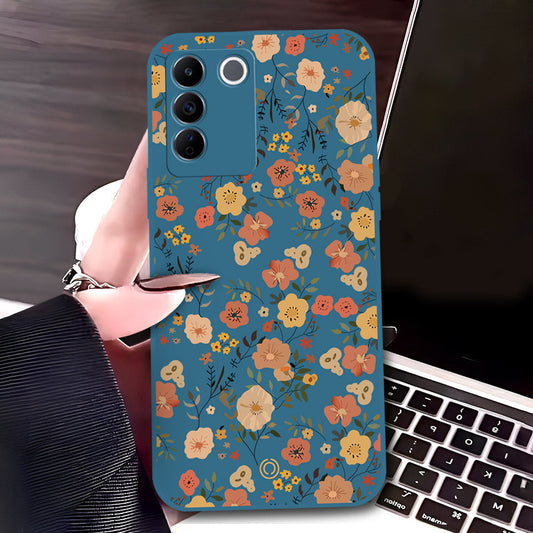 Vivo V27e Cover - Blue - D3 - ONation Floral Series - HQ Liquid Silicone Soft Case