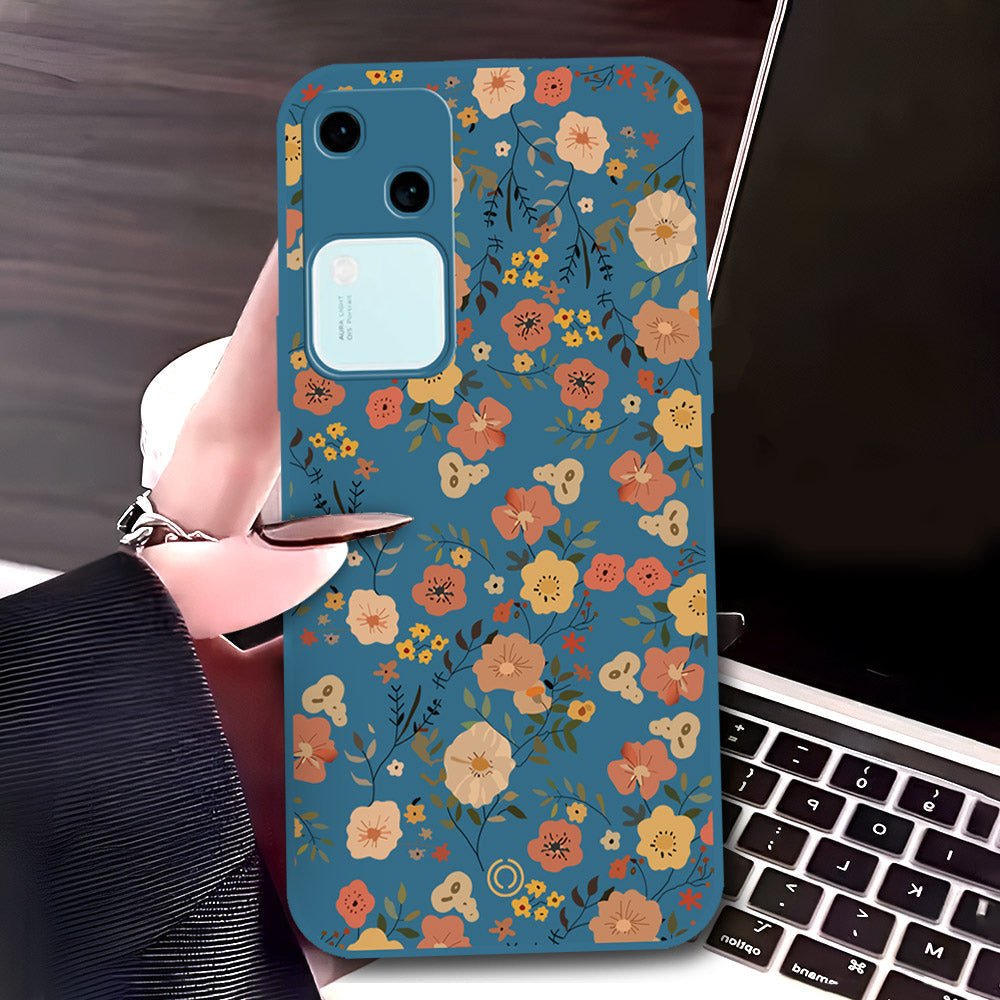 Vivo V30 Cover - Blue - D3 - ONation Floral Series - HQ Liquid Silicone Soft Case