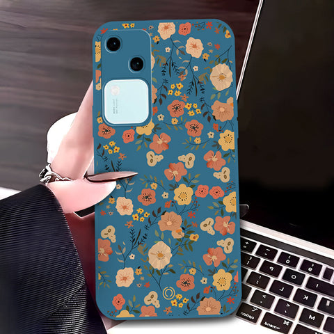 Vivo V30 Cover - Blue - D3 - ONation Floral Series - HQ Liquid Silicone Soft Case