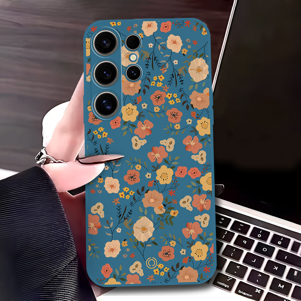 Samsung Galaxy S24 Ultra Cover - Blue - D3 - ONation Floral Series - HQ Liquid Silicone Soft Case