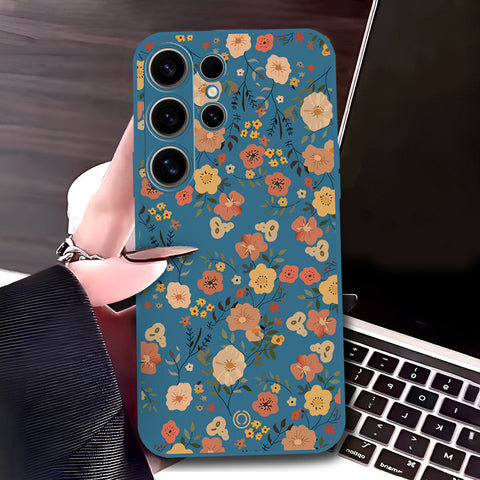 Samsung Galaxy S24 Ultra Cover - Blue - D3 - ONation Floral Series - HQ Liquid Silicone Soft Case