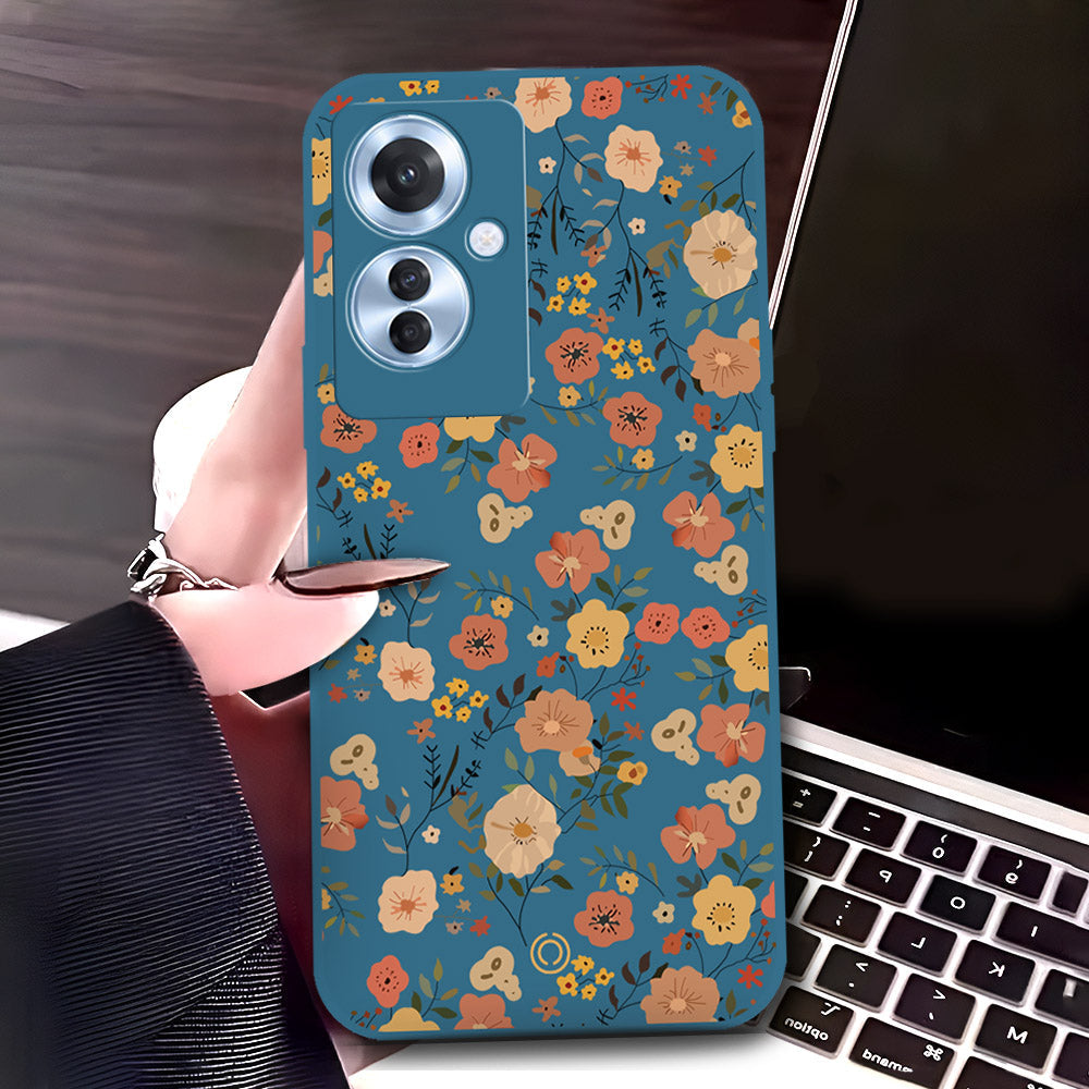 Oppo Reno 11F 5G Cover - Blue - D3 - ONation Floral Series - HQ Liquid Silicone Soft Case