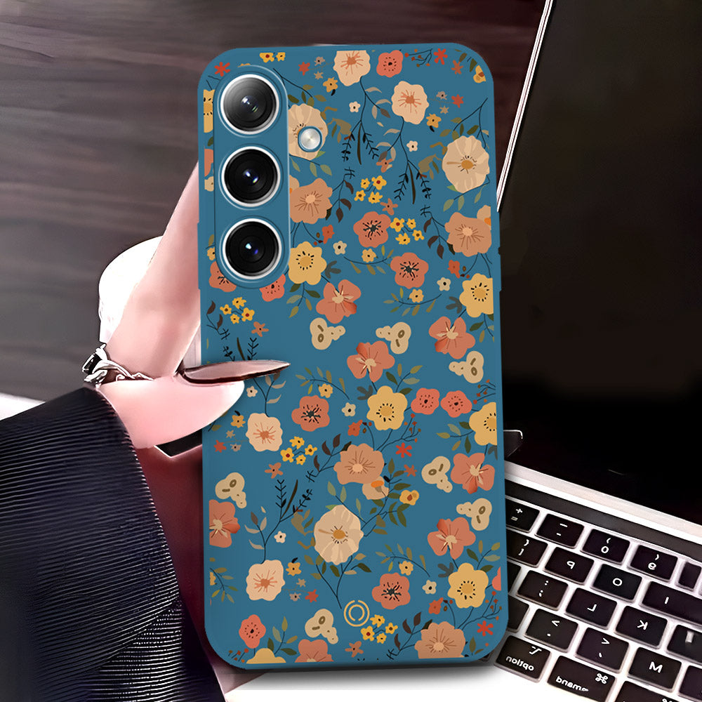 Samsung Galaxy S25 Cover - Blue - D3 - ONation Floral Series - HQ Liquid Silicone Soft Case