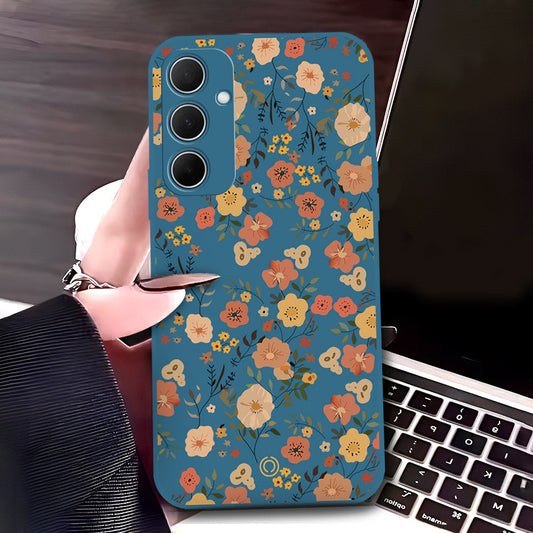 Samsung Galaxy A35 Cover - Blue - D3 - ONation Floral Series - HQ Liquid Silicone Soft Case