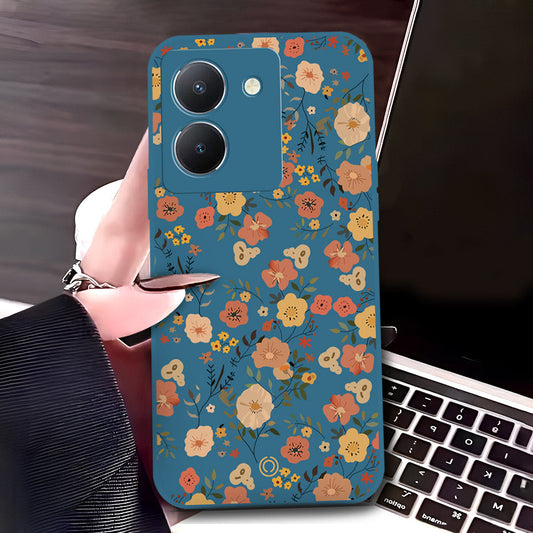 Vivo Y27s Cover - Blue - D3 - ONation Floral Series - HQ Liquid Silicone Soft Case