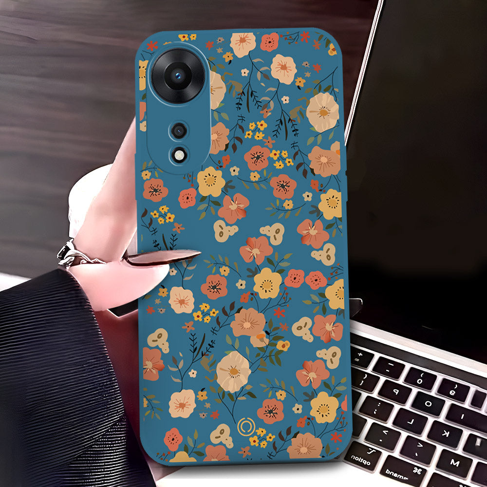 Oppo A58 4G Cover - Blue - D3 - ONation Floral Series - HQ Liquid Silicone Soft Case