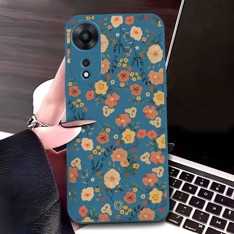 Oppo A58 4G Cover - Blue - D3 - ONation Floral Series - HQ Liquid Silicone Soft Case