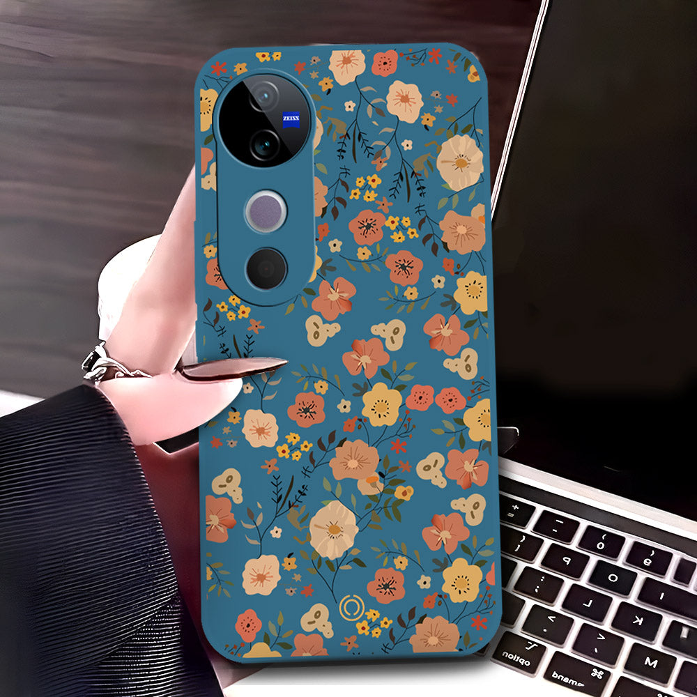 Vivo V40 Cover - Blue - D3 - ONation Floral Series - HQ Liquid Silicone Soft Case