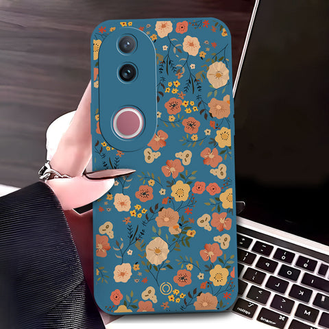 Vivo V50 Cover - Blue - D3 - ONation Floral Series - HQ Liquid Silicone Soft Case