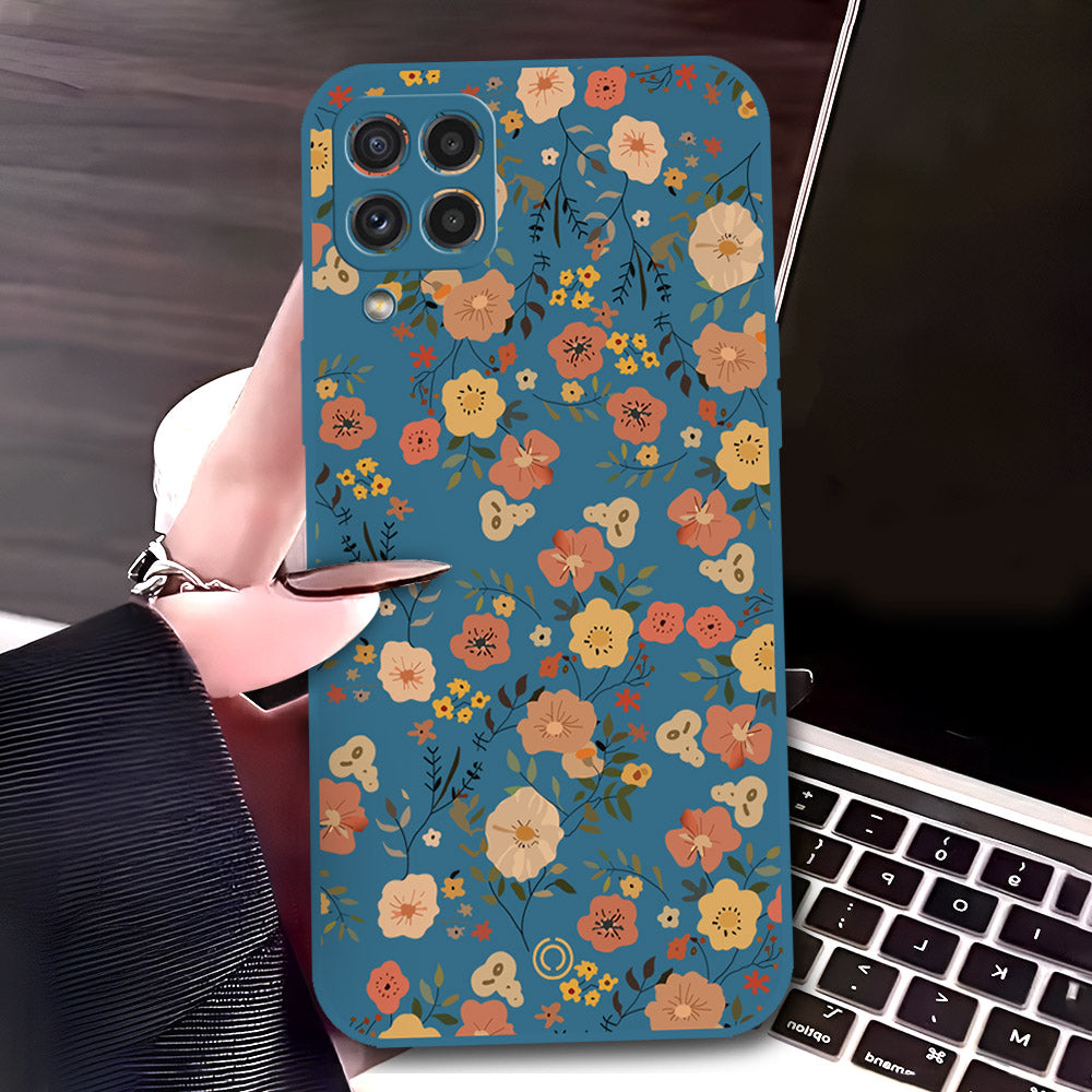 Samsung Galaxy M22 Cover - Blue - D3 - ONation Floral Series - HQ Liquid Silicone Soft Case