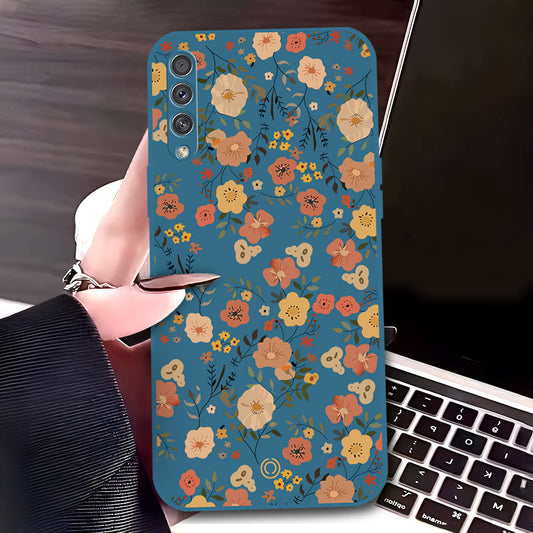 Samsung Galaxy A50s Cover - Blue - D3 - ONation Floral Series - HQ Liquid Silicone Soft Case