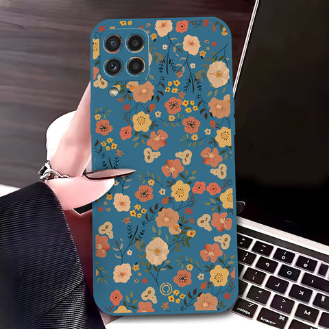 Samsung Galaxy A22 Cover - Blue - D3 - ONation Floral Series - HQ Liquid Silicone Soft Case
